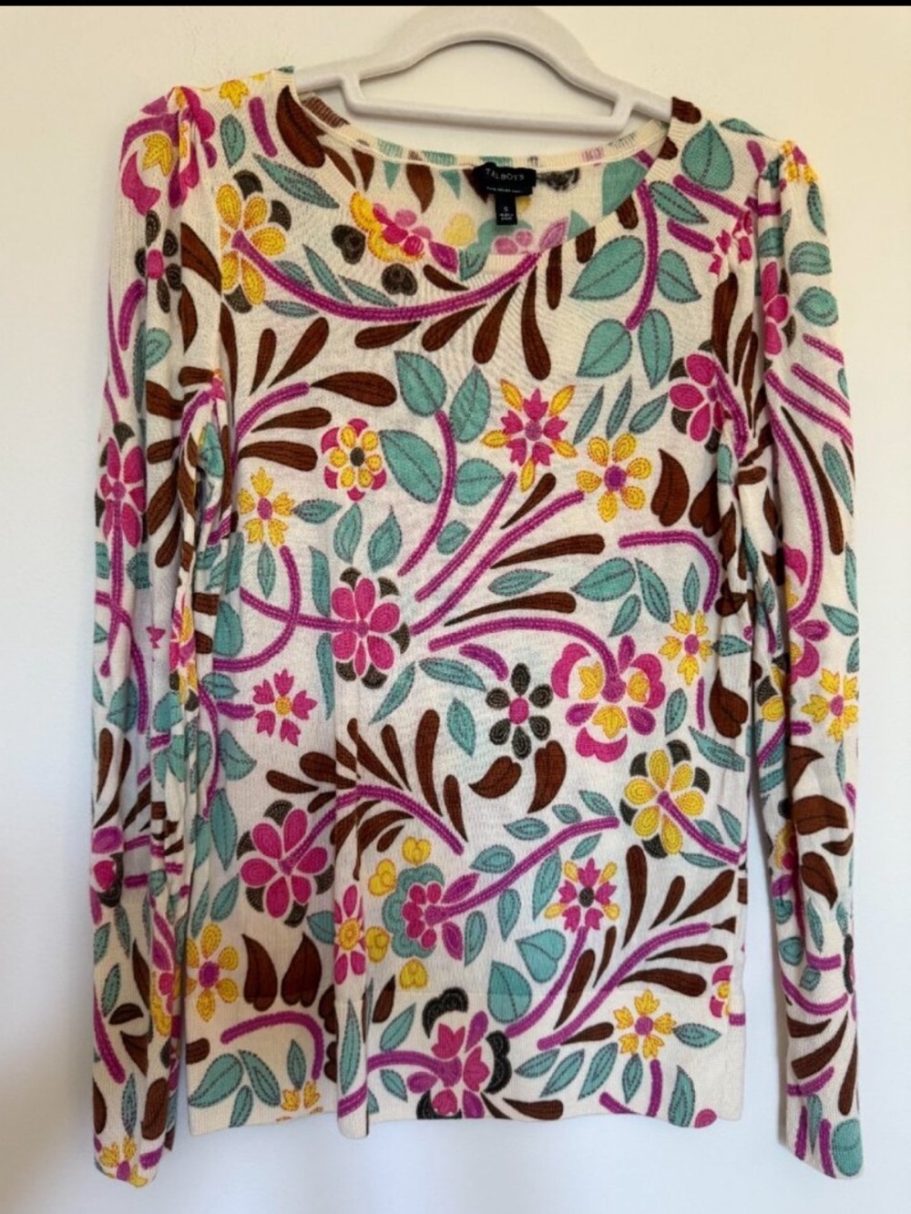Talbots Floral Long Sleeve Pullover Sweater Merino Wool Boho Chic Floral - Small